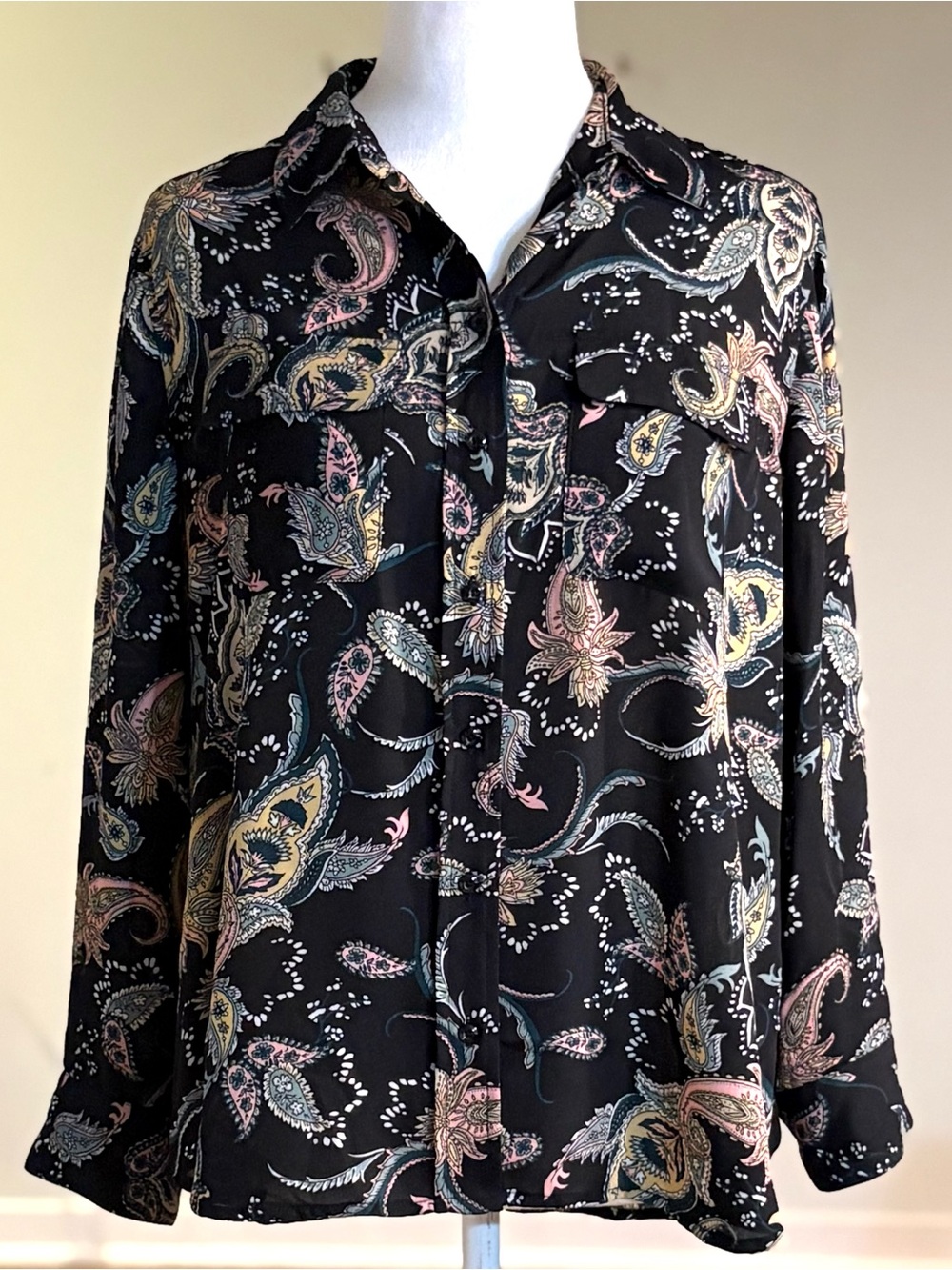 Black Paisley Button Up Blouse, Adjustable Length Sleeves, Size Petite Medium